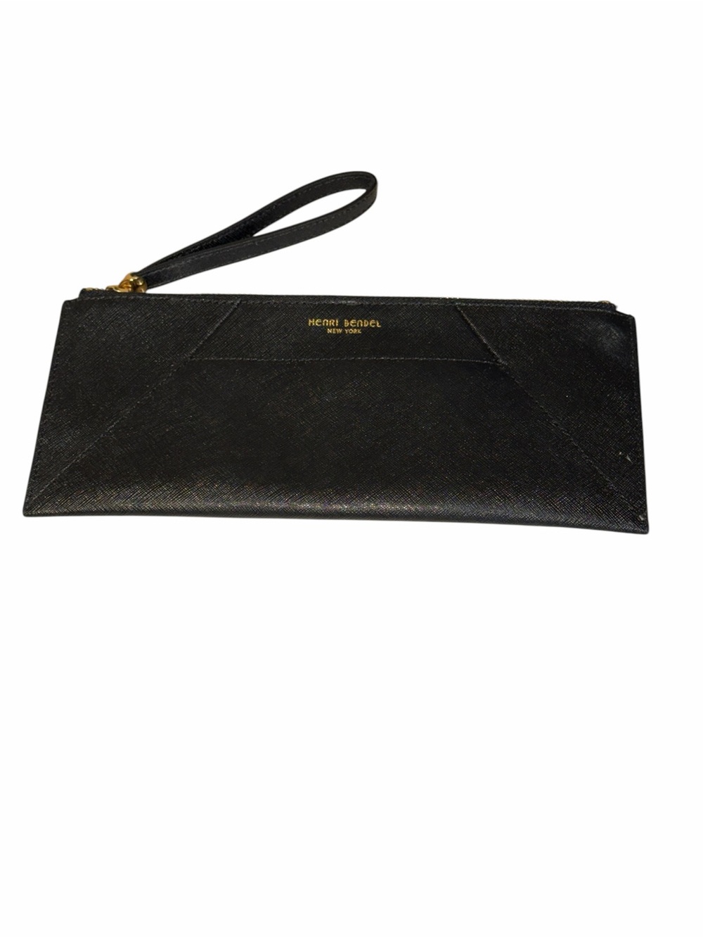 henri bendel Black Saffiano Wristlet Clutch with Gold Logo